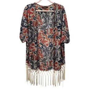 Floral Kimono with Fringe Blue Orange Lightweight Layer Sz L